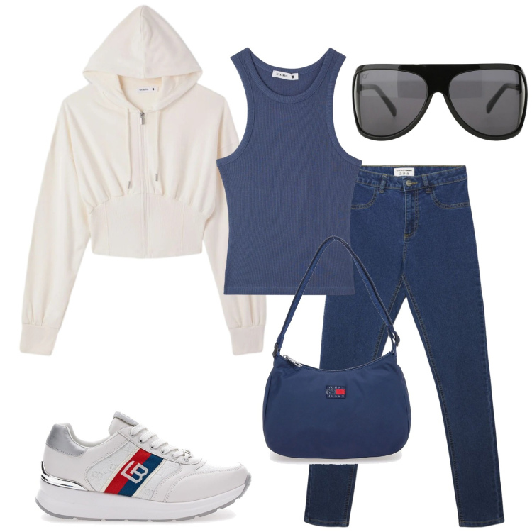 Outfit donna - Total look #2394739. Stile Sporty chic per Tutti i giorni. Abbinamento con felpe con cappuccio, jeggings, canottiere, occhiali da sole, sneakers, borse a spalla.