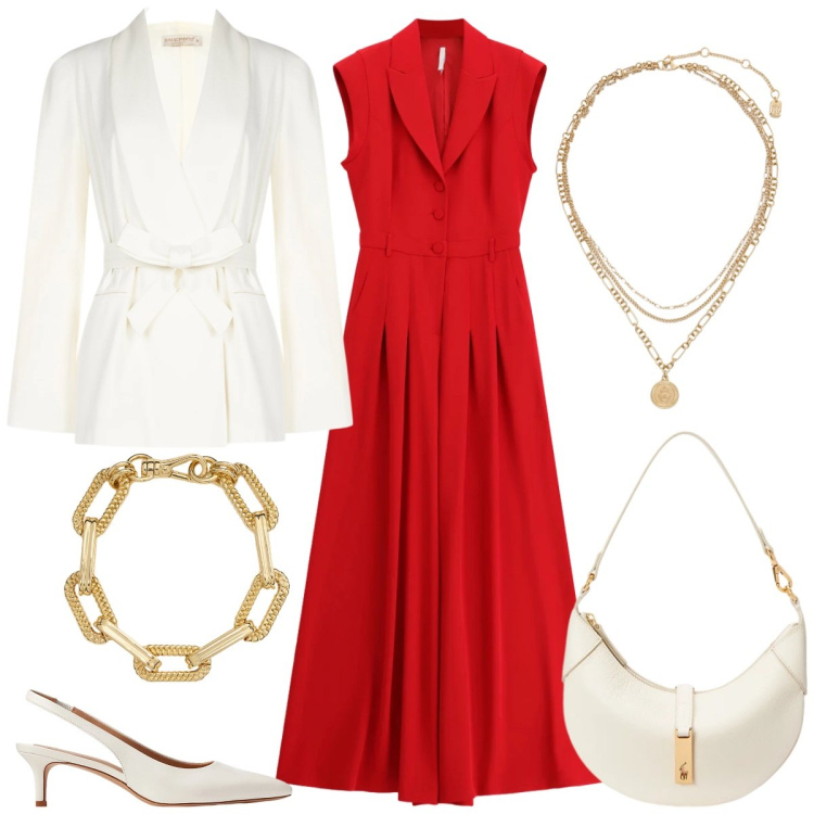 Outfit donna - La tuta rossa. Stile Chic per Tutti i giorni. Abbinamento con tute, blazer, décolleté, ciondoli, braccialetti, borse a spalla.