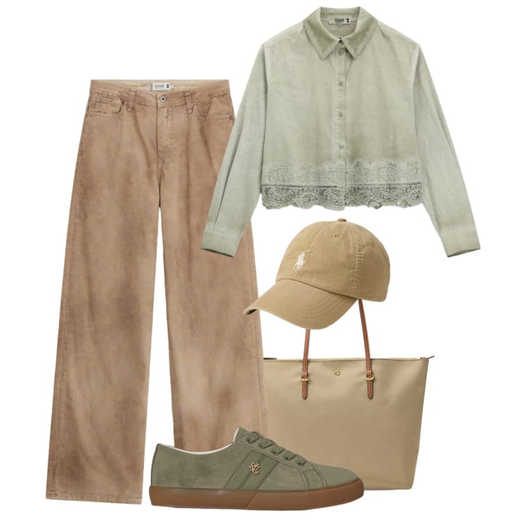 Outfit donna - Effetto tinto !. Stile Trendy per Tutti i giorni. Abbinamento con pantaloni a palazzo, camicie, borse tote, sneakers, cappelli con visiera.