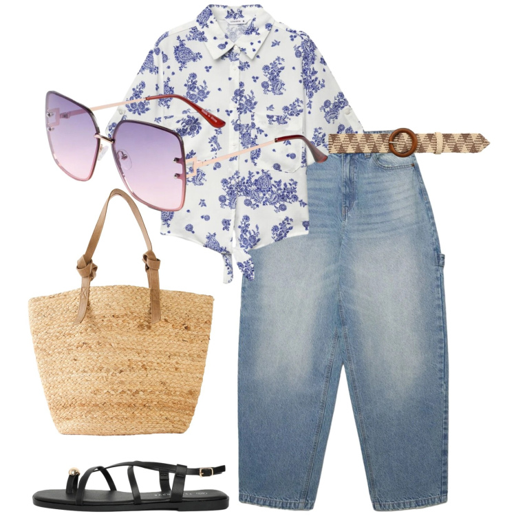 Outfit donna - Total look #2394744. Stile Casual chic per Tutti i giorni. Abbinamento con shopping bag, occhiali da sole, jeans, cinture, camicie a manica corta, sandali.