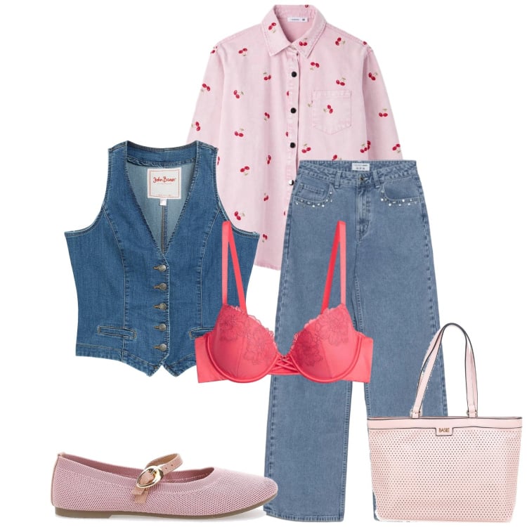 Outfit donna - Total look #2394750. Stile Romantica per Tutti i giorni. Abbinamento con reggiseni, gilet, jeans, camicie, borse a spalla, ballerine.