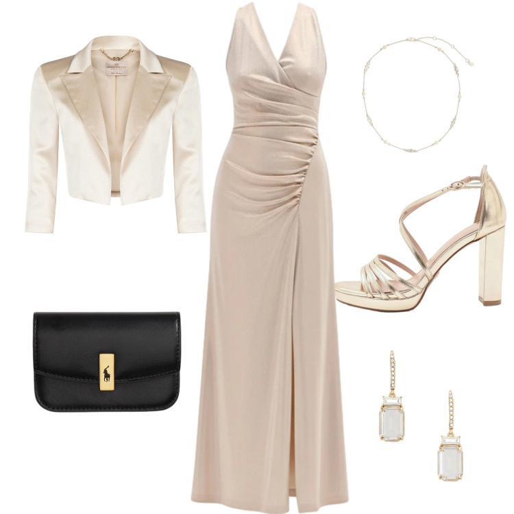 Outfit donna - Invitata matrimonio. Stile Chic per Cerimonia. Abbinamento con vestiti lunghi, bolero, sandali col tacco, orecchini, collane, portafogli.