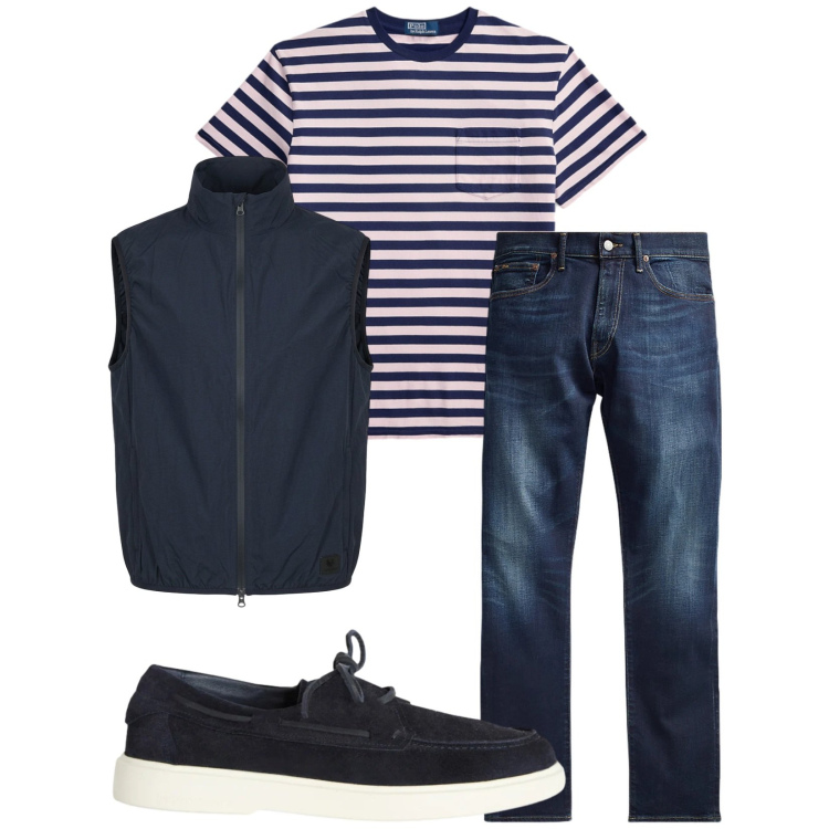 Outfit uomo - Total look #2394753. Stile Casual per Tutti i giorni. Abbinamento con scarpe stringate, gilet, jeans, t-shirt.