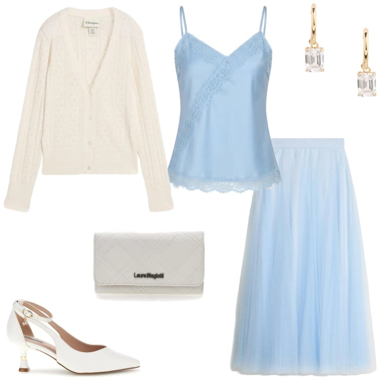 Outfit donna - Per una romantica serata fuori. Stile Romantica per Serata fuori. Abbinamento con cardigans, gonne lunghe, top, orecchini, portafogli, décolleté.