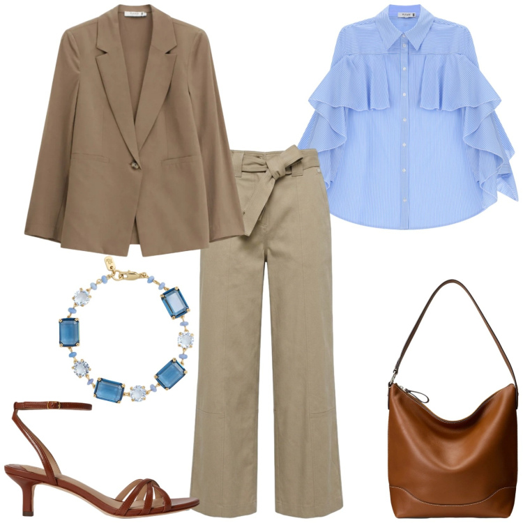 Outfit donna - Total look #2394774. Stile Chic per Serata fuori. Abbinamento con pantaloni, blazer, camicie, borse a secchiello, braccialetti, sandali in pelle.