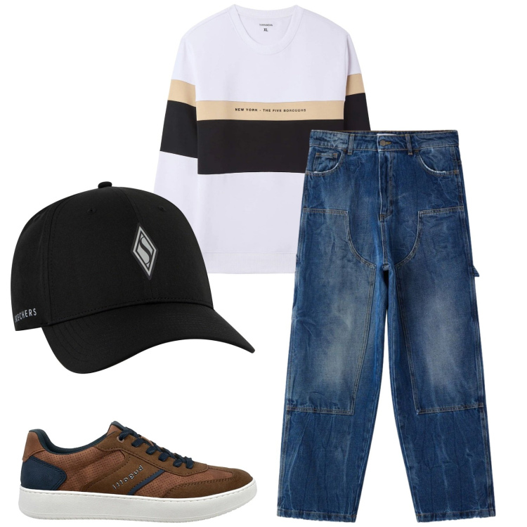 Outfit uomo - Total look #2394782. Stile Trendy per Tutti i giorni. Abbinamento con felpe con cappuccio, jeans dritti, cappelli con visiera, sneakers.
