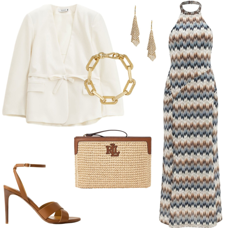 Outfit donna - L\'abito trendy. Stile Glamour per Cerimonia. Abbinamento con blazer, vestiti lunghi, sandali col tacco, braccialetti, orecchini, pochette.