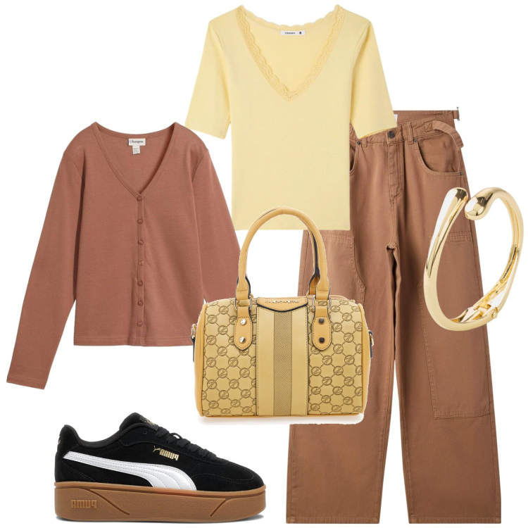Outfit donna - Total look #2394789. Stile Casual chic per Tutti i giorni. Abbinamento con braccialetti, cardigans, pantaloni, t-shirt, borse a spalla, sneakers.