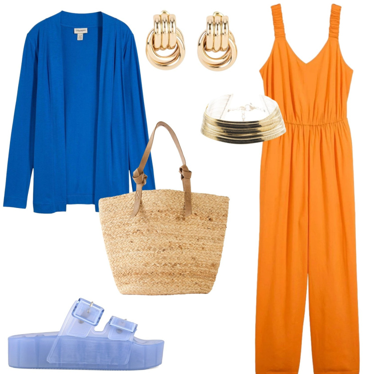 Outfit donna - I colori della primavera. Stile Casual per Tutti i giorni. Abbinamento con cardigans, shopping bag, tute, orecchini, braccialetti, sandali.