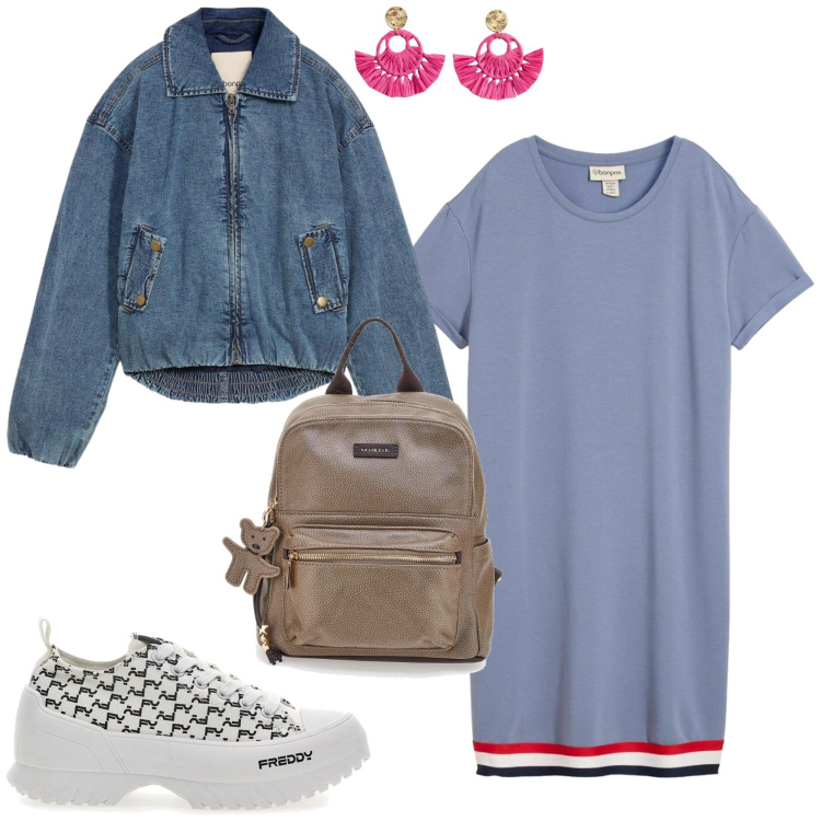 Outfit donna - L\'abitino casual. Stile Casual per Tutti i giorni. Abbinamento con vestiti, orecchini, bomber, sneakers, zaini.