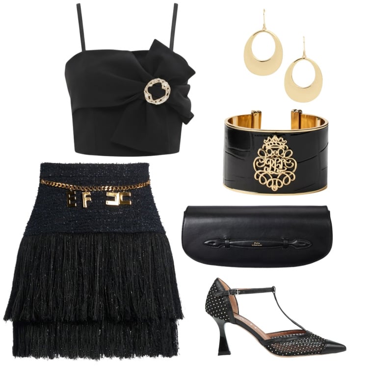 Outfit donna - Serata elegante. Stile Sexy per Serata fuori. Abbinamento con décolleté, minigonne, top, clutch, braccialetti, orecchini.