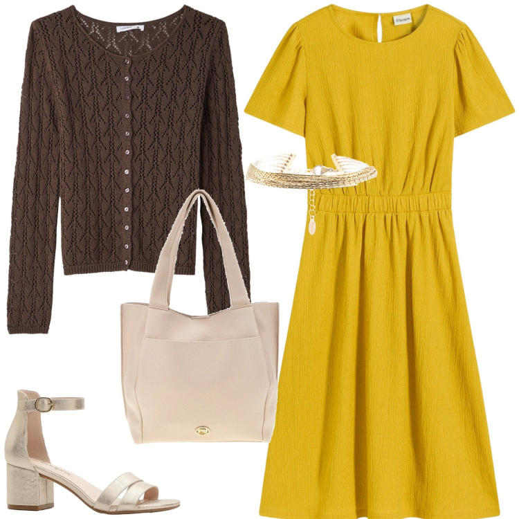 Outfit donna - Un outfit da turista. Stile Basic per Tutti i giorni. Abbinamento con vestiti, sandali col tacco, cardigans, braccialetti, borse a spalla.