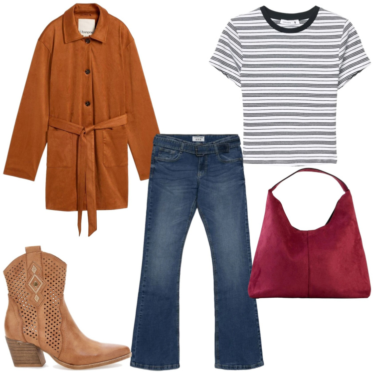 Outfit donna - Casual, primavera 2026. Stile Casual per Tutti i giorni. Abbinamento con borse a spalla, trench, jeans a zampa, t-shirt, stivaletti texani.