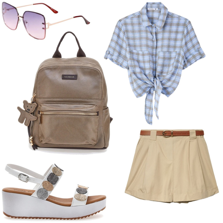 Outfit donna - Outfit per una gita. Stile Casual per Tutti i giorni. Abbinamento con occhiali da sole, shorts, camicie a manica corta, sandali, zaini.