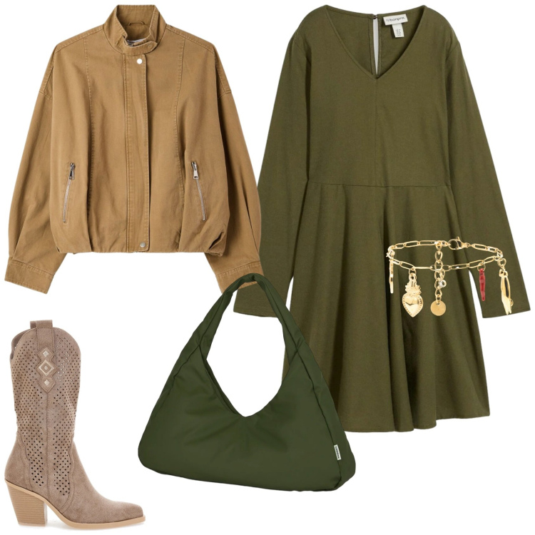 Outfit donna - L\'abitino comfort. Stile Casual per Tutti i giorni. Abbinamento con vestiti, bomber, borse a spalla, braccialetti, stivaletti texani.