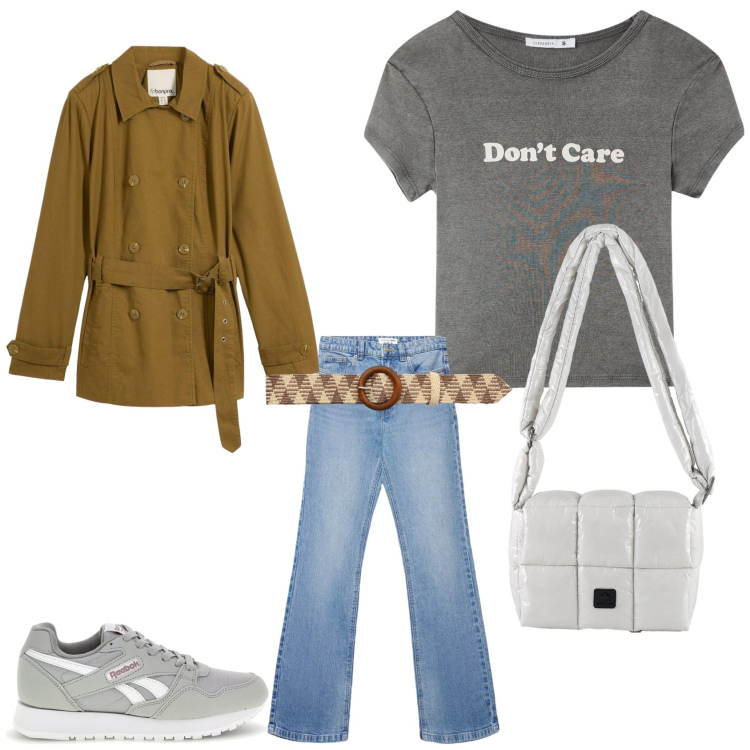 Outfit donna - Lo stile Urban. Stile Urban per Tutti i giorni. Abbinamento con trench, cinture, jeans bootcut, t-shirt, borse a spalla, sneakers.