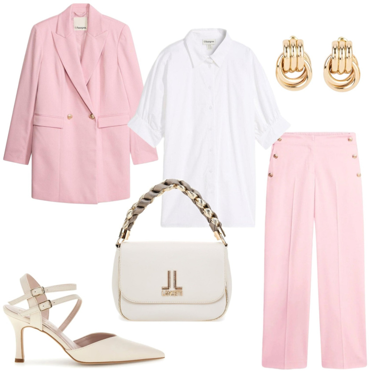 Outfit donna - Il tailleur in rosa. Stile Glamour per Serata fuori. Abbinamento con camicie, blazer, pantaloni, orecchini, borse a tracolla, décolleté.