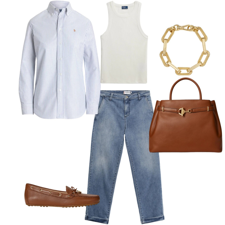Outfit donna - Armocromia estate. Stile Casual chic per Tutti i giorni. Abbinamento con jeans, mocassini, braccialetti, canottiere, camicie, borse a mano.