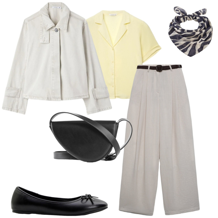 Outfit donna - In ufficio. Stile Urban per Ufficio. Abbinamento con ballerine, borse a tracolla, foulard, pantaloni, camicie a manica corta, cappotti.