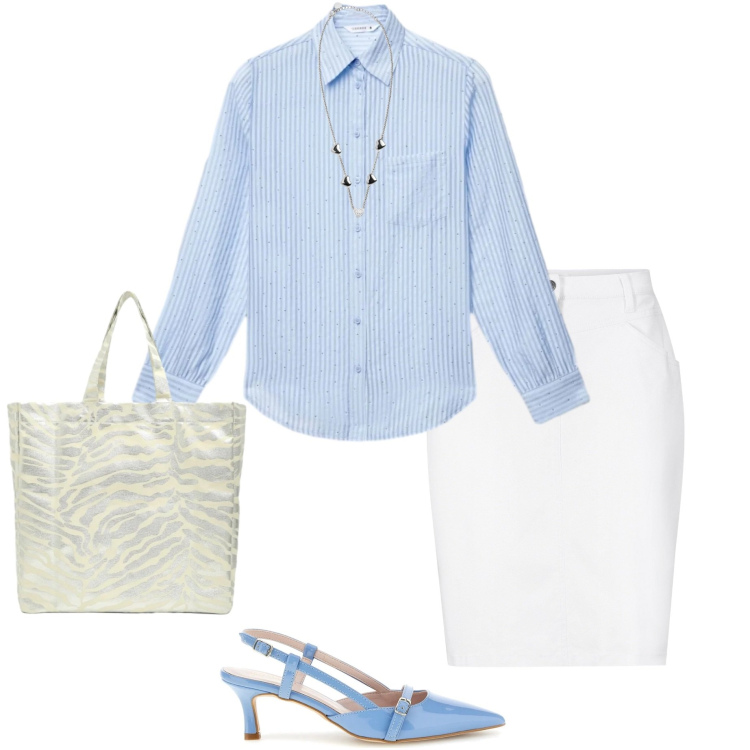 Outfit donna - In ufficio. Stile Casual chic per Ufficio. Abbinamento con gonne, camicie, shopping bag, collane, décolleté.