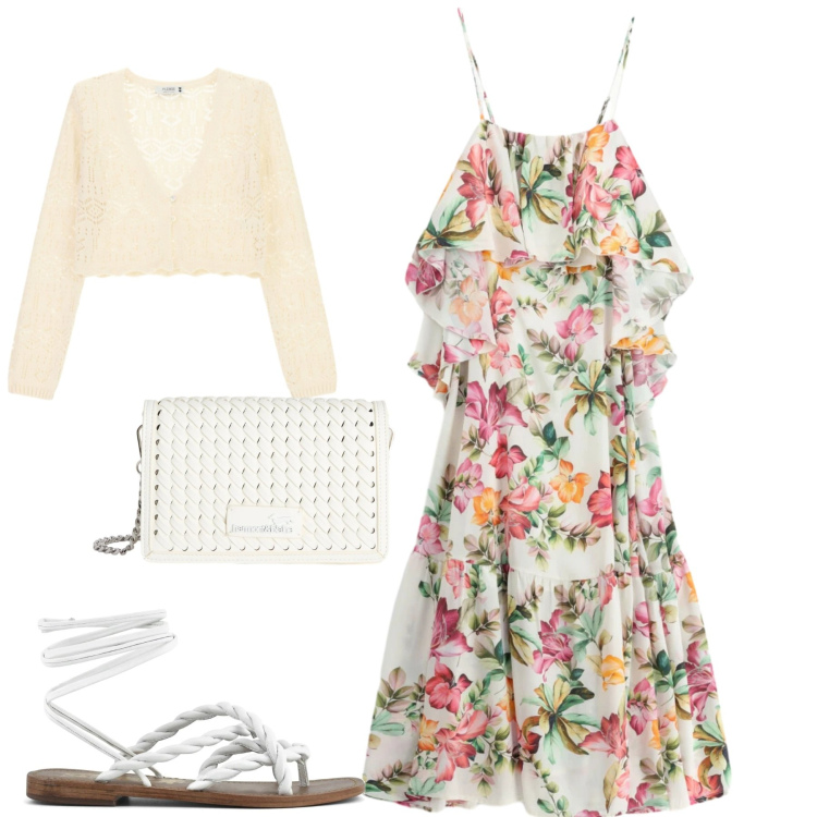 Outfit donna - Fiori di maggi. Stile Romantica per Tutti i giorni. Abbinamento con borse a tracolla, vestiti lunghi, cardigans, sandali in pelle.