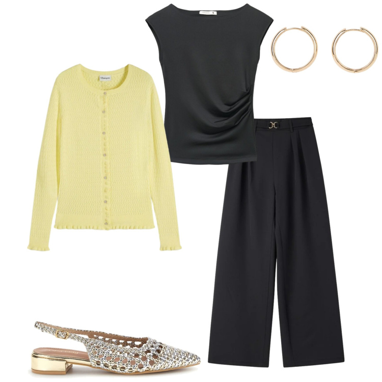 Outfit donna - Look quotidiano. Stile Casual chic per Tutti i giorni. Abbinamento con cardigans, orecchini, top, pantaloni, sandali.