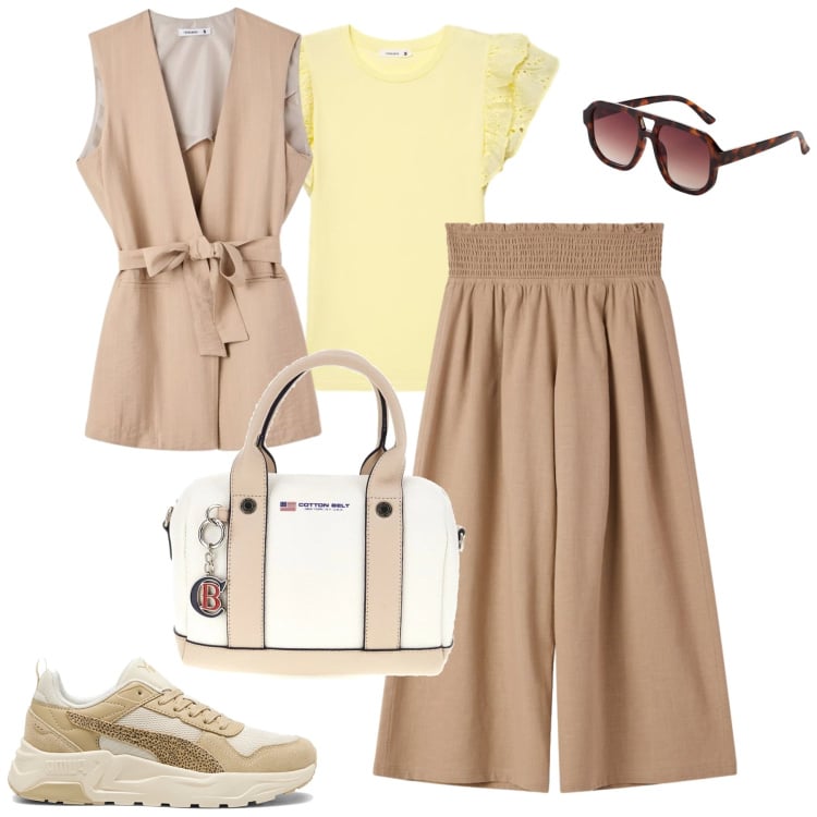 Outfit donna - Maggio. Stile Basic per Tutti i giorni. Abbinamento con occhiali da sole, t-shirt, gilet, pantaloni culotte, borse a mano, sneakers.