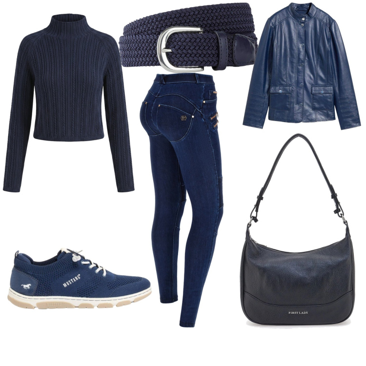 Outfit donna - Total look #2394828. Stile Casual per Tutti i giorni. Abbinamento con jeans skinny, maglieria, cinture, borse a tracolla, giacche, sneakers.