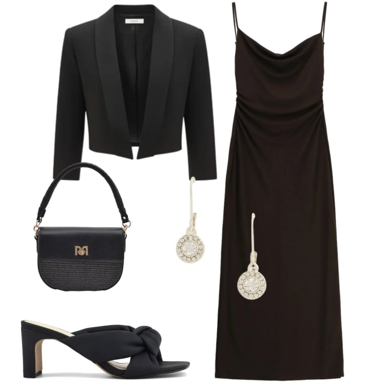 Outfit donna - Serata chic. Stile Chic per Serata fuori. Abbinamento con vestiti, borse a spalla, bolero, orecchini, sandali col tacco.