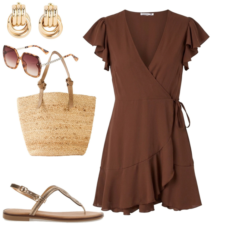 Outfit donna - Pronta in 5 minuti. Stile Minimal per Tutti i giorni. Abbinamento con occhiali da sole, shopping bag, orecchini, vestiti corti, sandali.