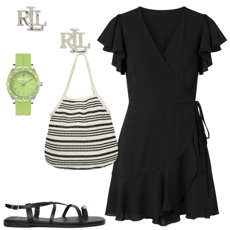 Outfit donna - Summer. Stile Minimal per Tutti i giorni. Abbinamento con shopping bag, sandali, vestiti corti, orologi, orecchini.