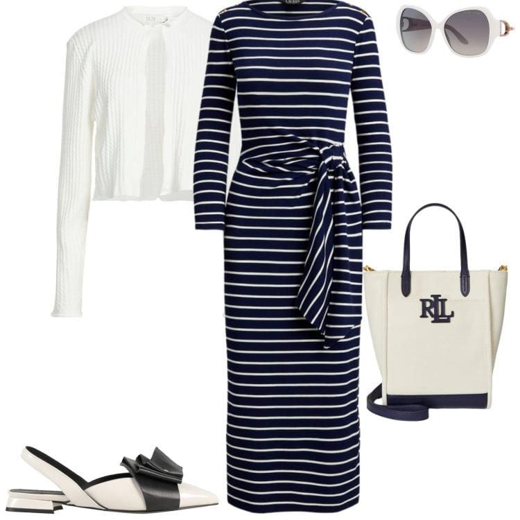 Outfit donna - Bianco e blu primaverile. Stile Casual chic per Tutti i giorni. Abbinamento con cardigans, ballerine, vestiti lunghi, borse tote, occhiali da sole.