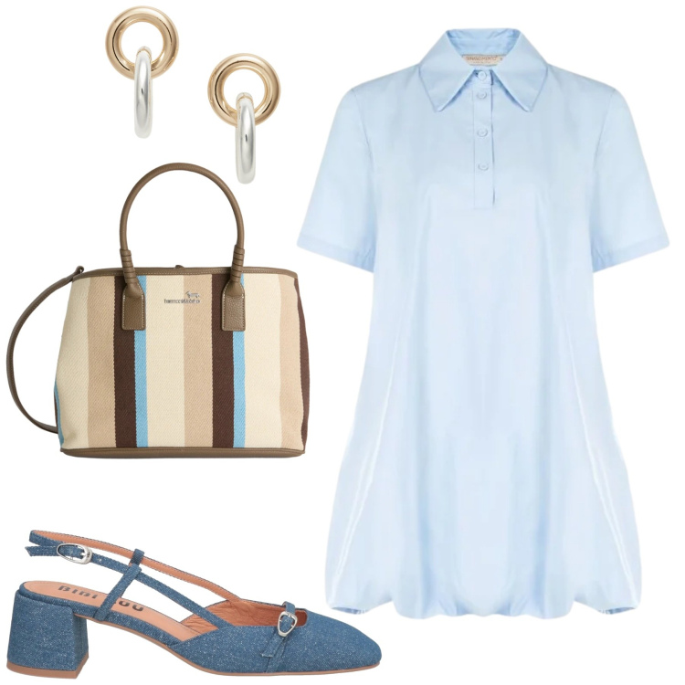 Outfit donna - Minimal. Stile Minimal per Tutti i giorni. Abbinamento con décolleté, shopping bag, vestiti chemisier, orecchini.
