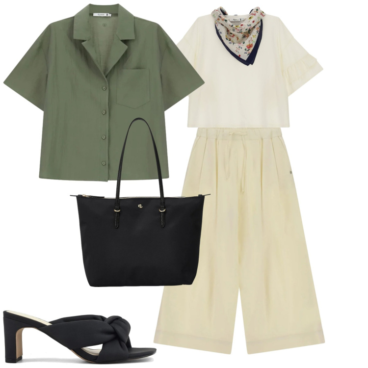 Outfit donna - City. Stile Casual chic per Tutti i giorni. Abbinamento con top, camicie a manica corta, pantaloni a palazzo, borse tote, sandali col tacco.