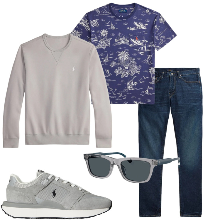 Outfit uomo - Ralph Lauren. Stile Casual per Tutti i giorni. Abbinamento con sneakers, jeans, felpe, t-shirt, occhiali da sole.