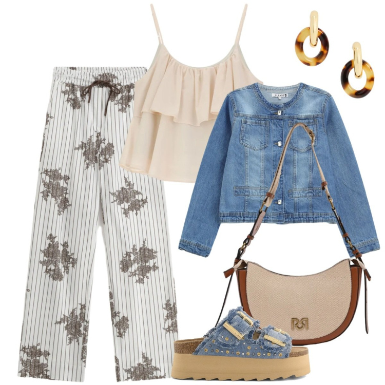 Outfit donna - Total look #2394844. Stile Boho per Tutti i giorni. Abbinamento con pantaloni a palazzo, top, blazer, borse a tracolla, orecchini, zeppe.