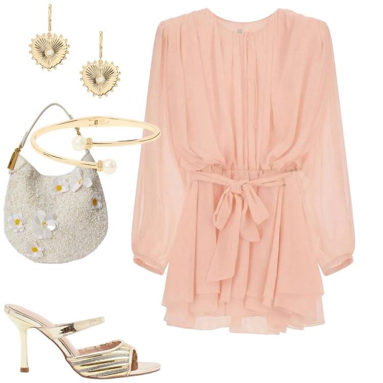 Outfit donna - Peach blush. Stile Chic per Cerimonia. Abbinamento con vestiti corti, sabot, orecchini, pochette, braccialetti.