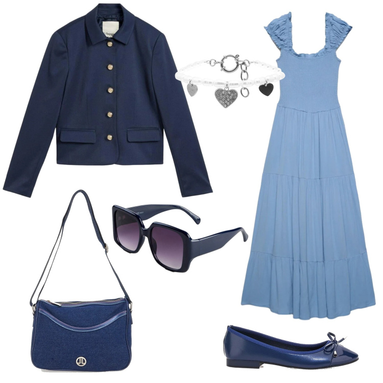 Outfit donna - I colori del mare. Stile Romantica per Serata fuori. Abbinamento con blazer, occhiali da sole, vestiti lunghi, braccialetti, borse a tracolla, ballerine.