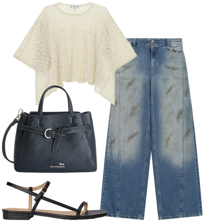 Outfit donna - Jeans please. Stile Casual per Tutti i giorni. Abbinamento con borse a mano, jeans, top, sandali in pelle.