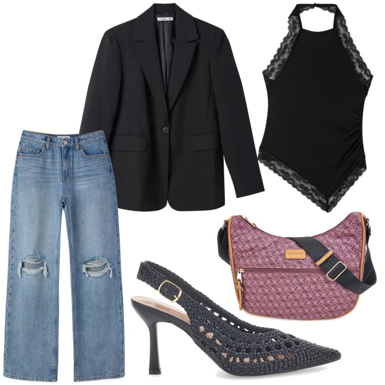Outfit donna - Blazer e top. Stile Casual per Serata fuori. Abbinamento con jeans strappati, blazer, top, décolleté, borse a tracolla.