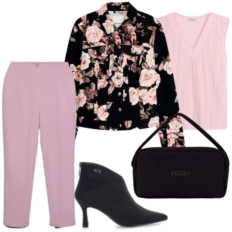 Outfit donna - Blazer a fiori. Stile Chic per Ufficio. Abbinamento con canottiere, blazer, pantaloni chino, borse a mano, stivaletti.