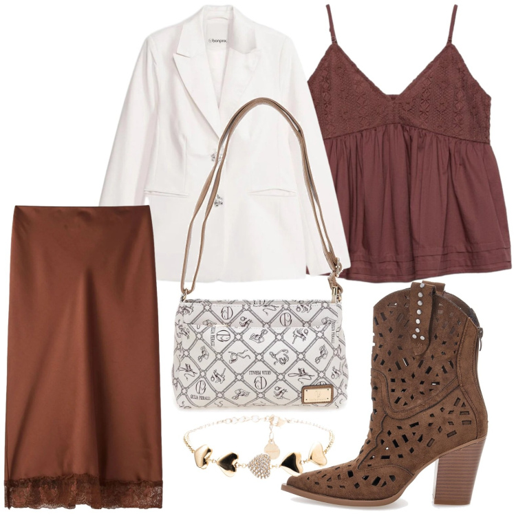 Outfit donna - Chocolat e panna. Stile Casual per Serata fuori. Abbinamento con blazer, gonne longuette, canottiere, braccialetti, borse a tracolla, stivaletti texani.