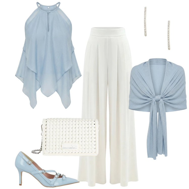 Outfit donna - Total look #2394851. Stile Chic per Cerimonia. Abbinamento con décolleté, borse a tracolla, pantaloni a palazzo, canottiere, stole, orecchini.