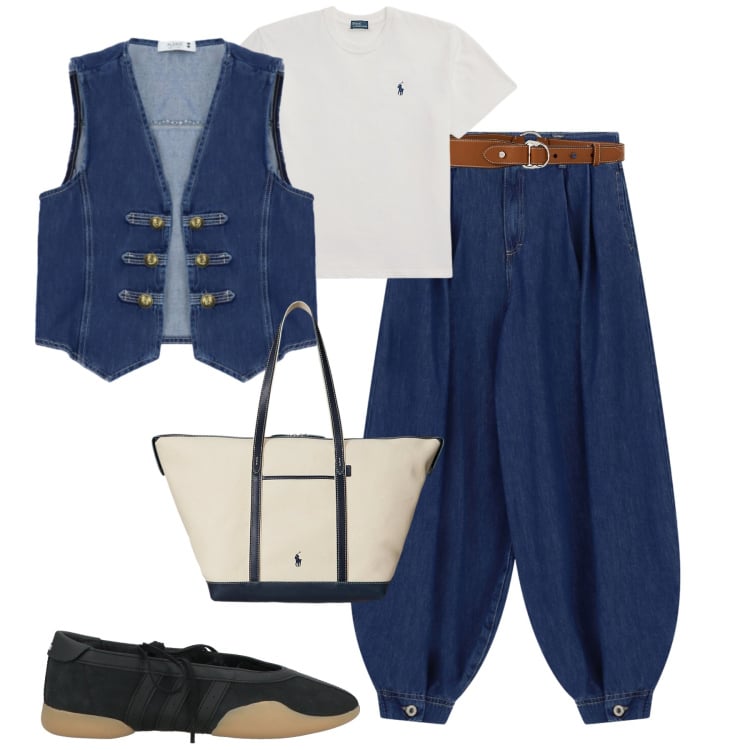 Outfit donna - Maggio. Stile Trendy per Tutti i giorni. Abbinamento con ballerine, gilet, jeans, t-shirt, borse tote, cinture.