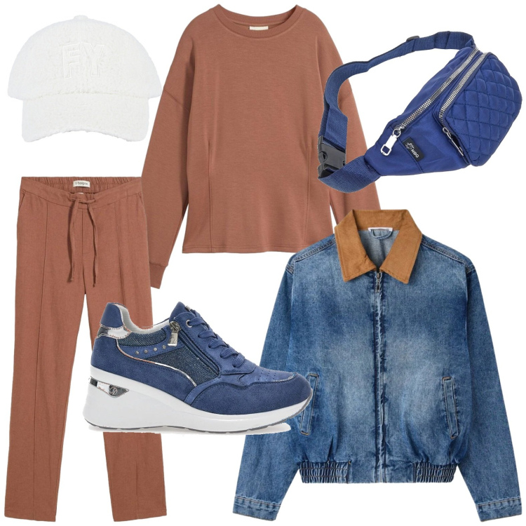 Outfit donna - Stile pratico. Stile Glamour per Tutti i giorni. Abbinamento con felpe, pantaloni, cappotti, cappelli con visiera, sneakers alte, marsupi.
