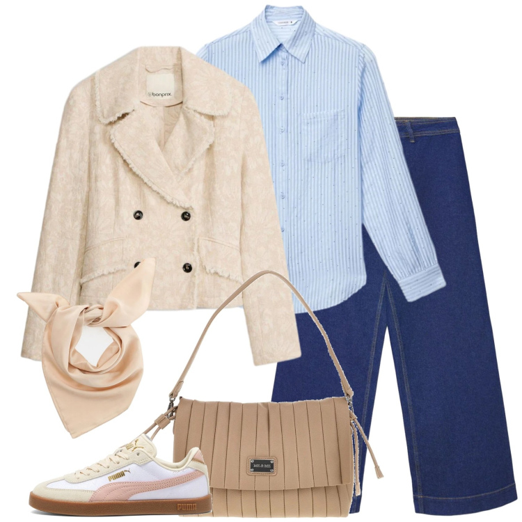 Outfit donna - All\' università. Stile Casual per Scuola/Università. Abbinamento con blazer, jeans, camicie, foulard, sneakers, pochette.