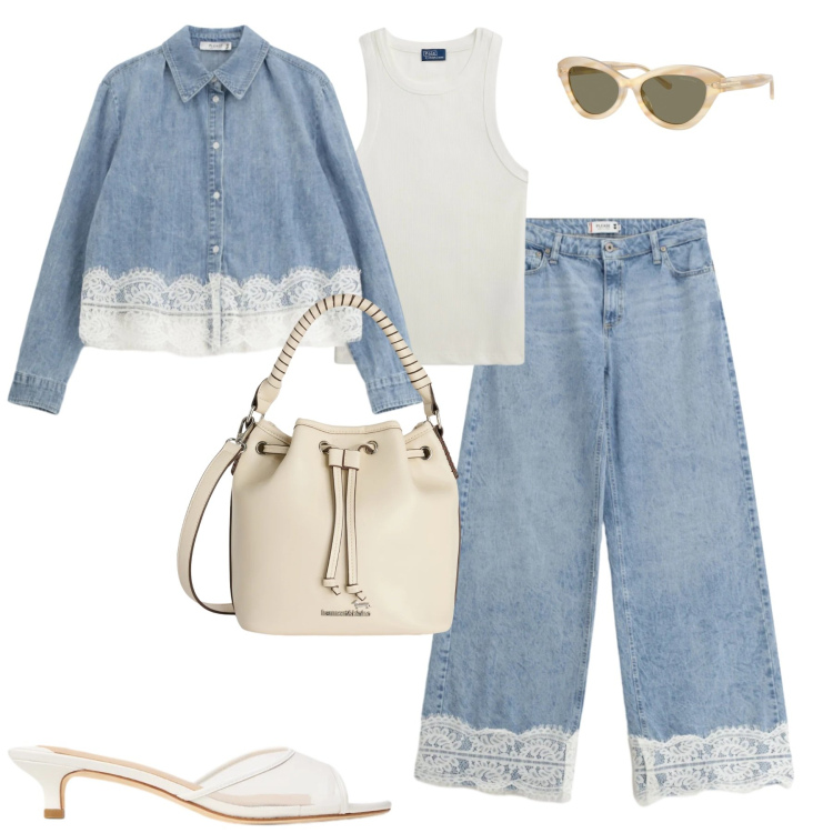 Outfit donna - Denim e pizzo. Stile Casual chic per Tutti i giorni. Abbinamento con borse a secchiello, jeans, camicie, occhiali da sole, canottiere, sabot.