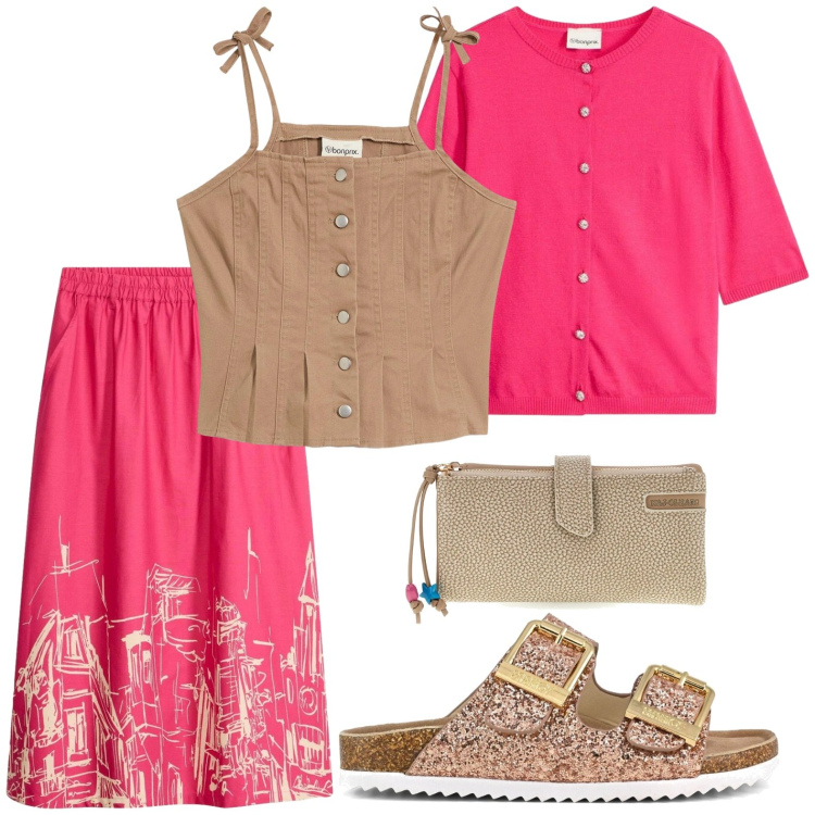 Outfit donna - La gonna confortevole. Stile Basic per Tutti i giorni. Abbinamento con gonne longuette, cardigans, top, sandali, portafogli.