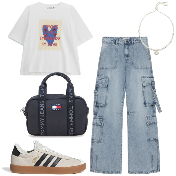 Outfit donna - A scuola. Stile Casual per Tutti i giorni. Abbinamento con jeans, t-shirt, braccialetti, borse a tracolla, sneakers.