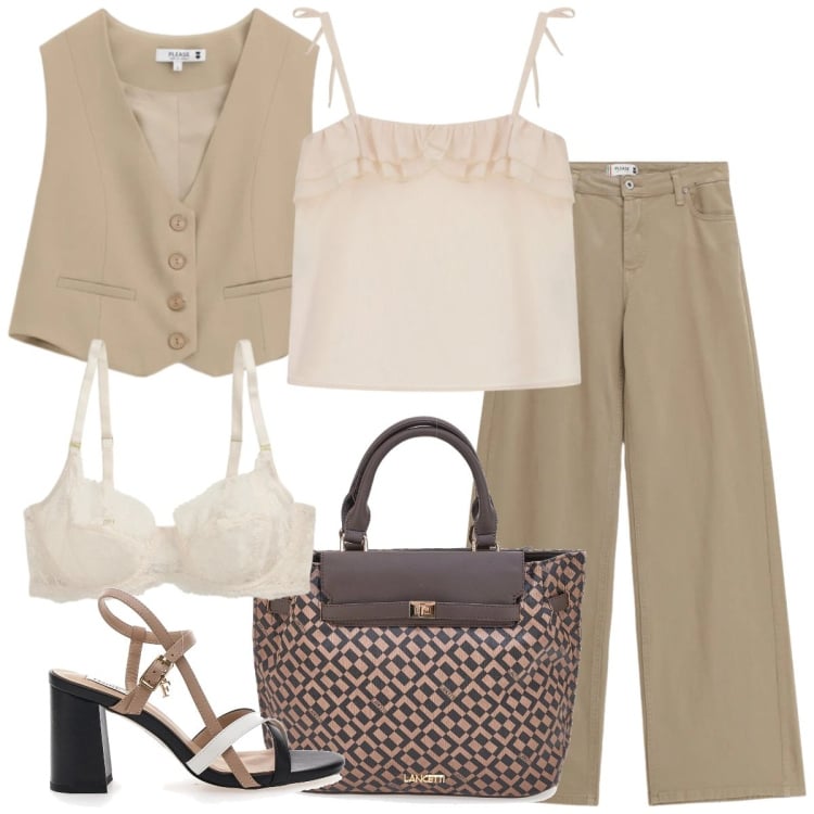 Outfit donna - Total look #2394858. Stile Casual chic per Cerimonia. Abbinamento con pantaloni, gilet, top, reggiseni, sandali col tacco, borse a mano.